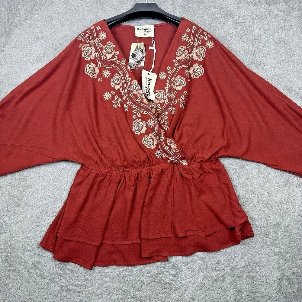 Savanna Jane 2X Embroidered Boho Romanticcore Festival Peplum Blouse Rust Red - Picture 5 of 14